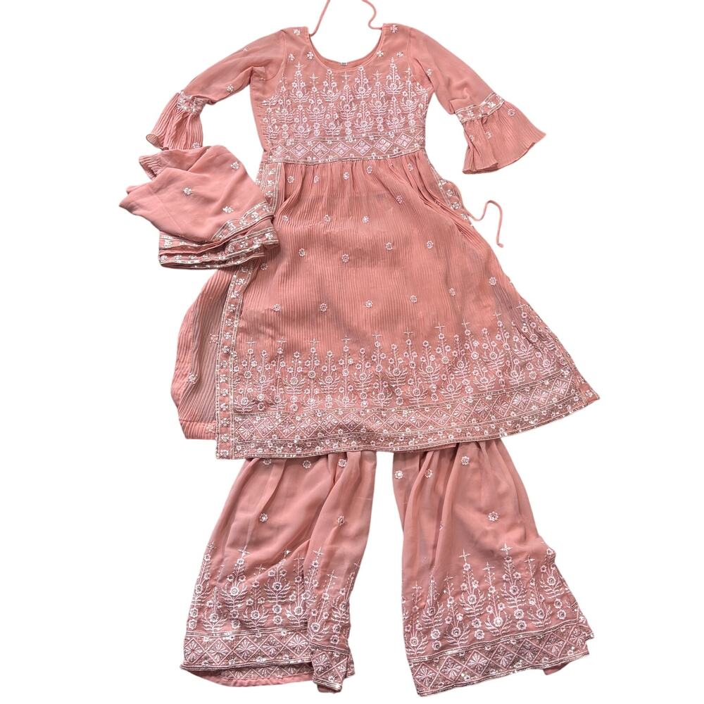 SOLD… Girls Peach/Pink Embroidered Kurta Sharara Suit, Size 32